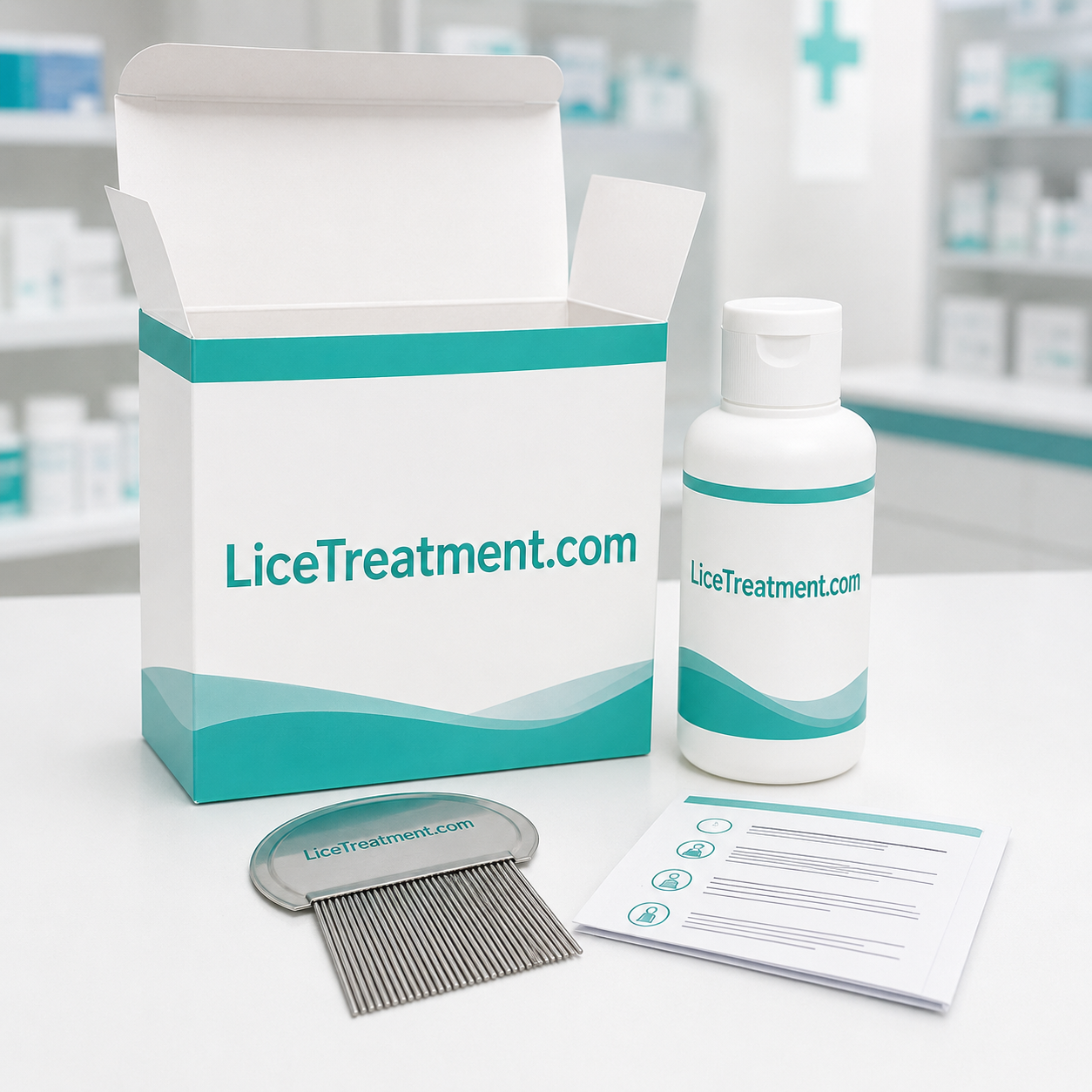 LiceTreatment boxed kit, bottle, and comb